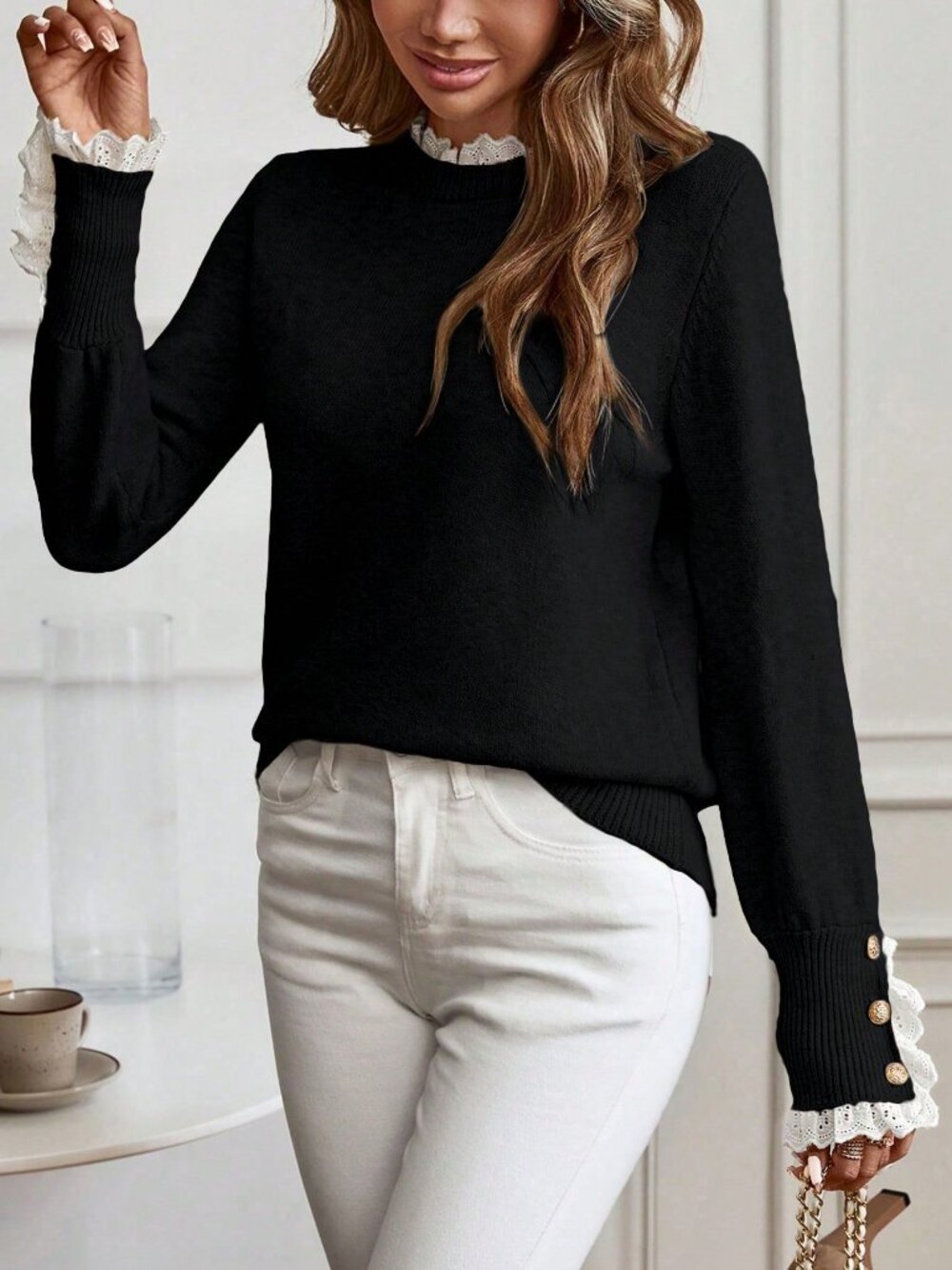Black Women's Casual Lace Trim Round Neck Long Sleeve Sweater - Picture 4 of 6